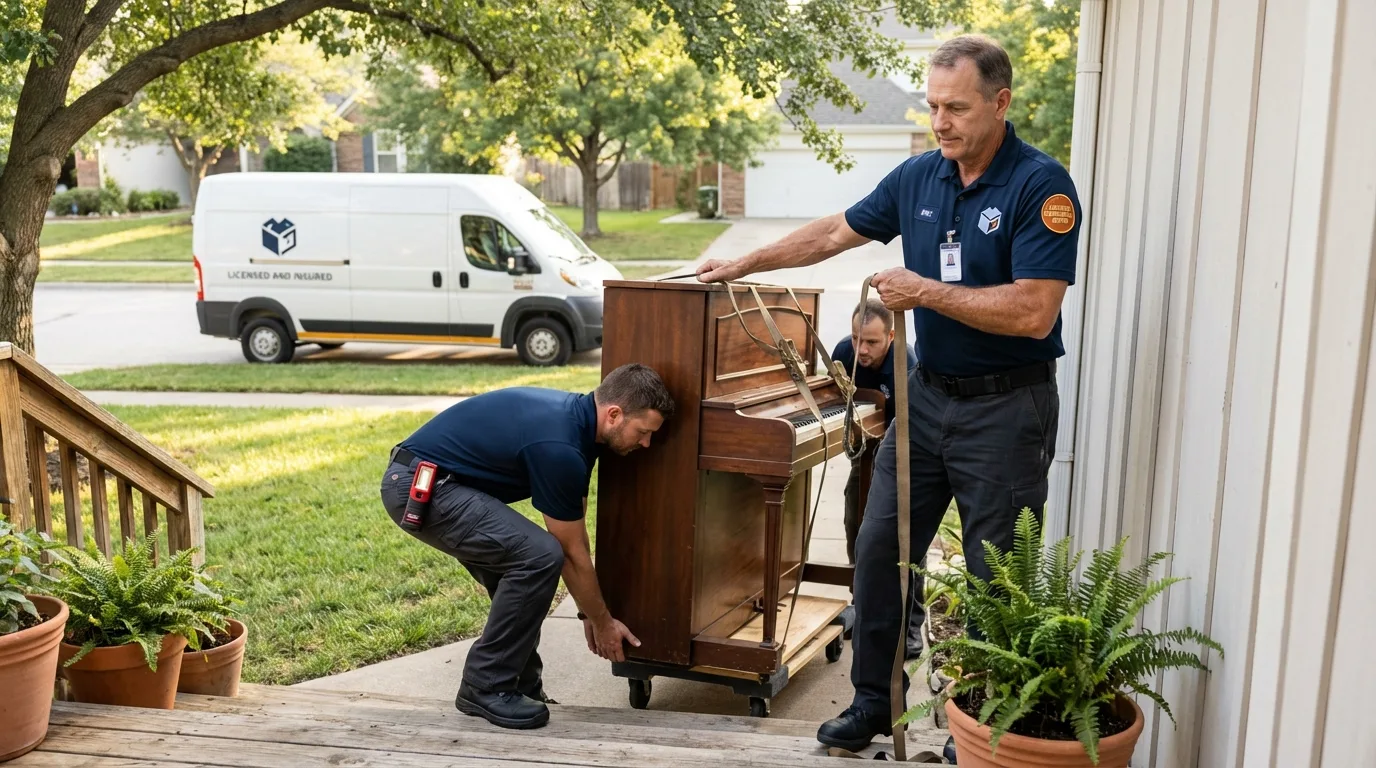 Licensed piano movers securing grand piano in Grantsville, WV