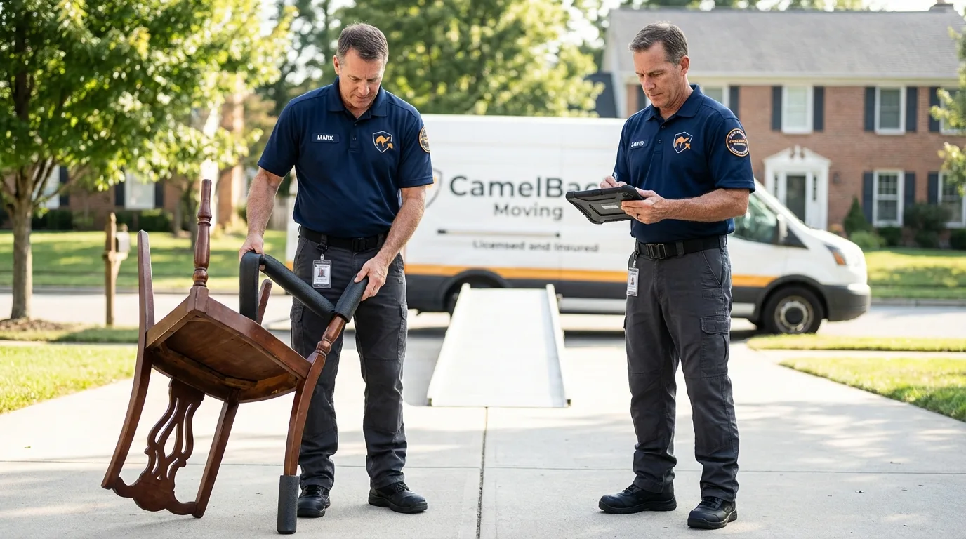 Movers inspecting furniture for damage prevention before loading in Grantsville, WV
