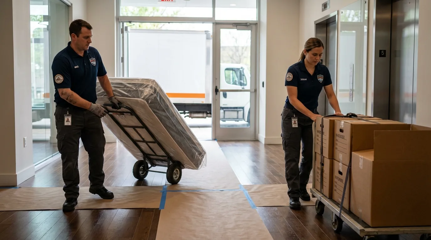 Professional apartment movers loading elevator in Grantsville, WV